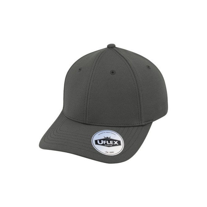 A grey recycled ottoman cap with a structured design, featuring a logo on the side.