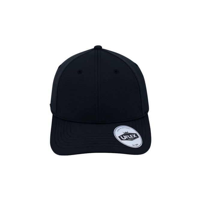 A black recycled cap from the UFlex range, featuring a structured design and branding label.