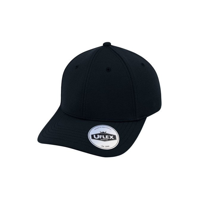 A black UFlex adults recycled cap with a textured design and a circular logo on the front.