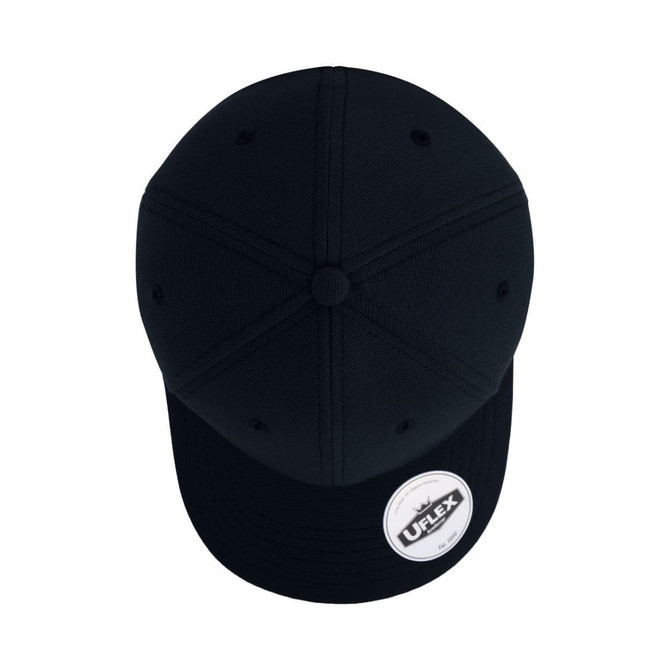 A black cap with a structured design and a logo on the side, featuring six panels and a curved brim.
