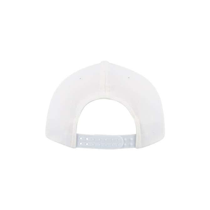 A white cap featuring a snapback closure and ventilation holes. The cap has a subtle branding logo.