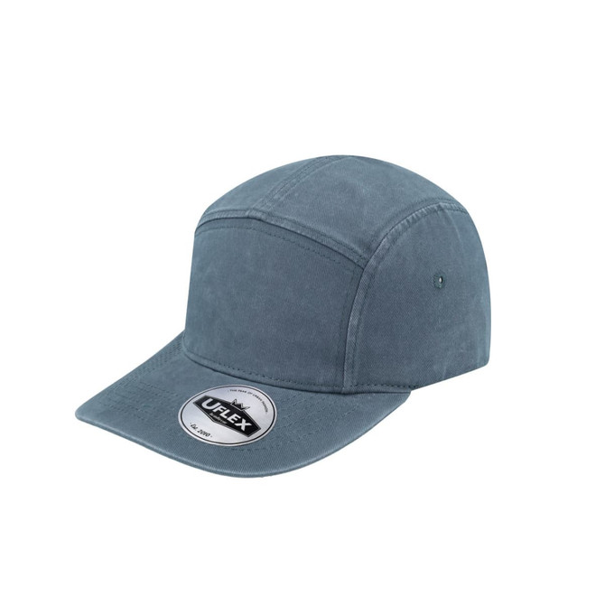 A blue washed cotton 5-panel cap with a rounded crown and a stiff brim, featuring a logo on the front.