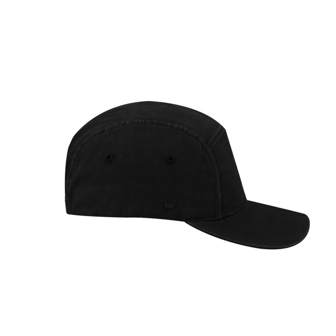 A black 5-panel cap made from washed cotton, featuring a curved brim and a logo.