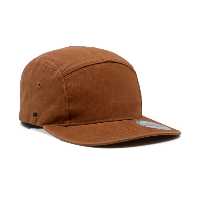 A washed cotton 5 panel cap in a rich brown colour, featuring a logo and a flat brim.