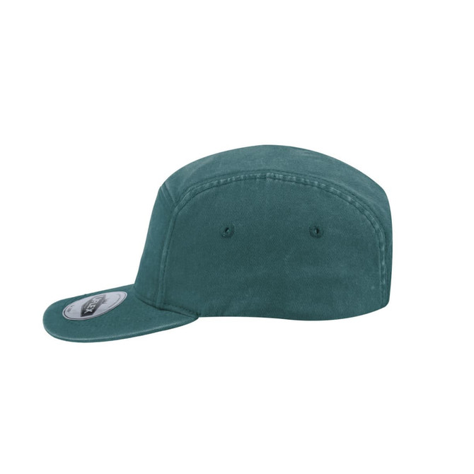 A washed cotton teal five-panel cap with a curved brim and a logo on the side.