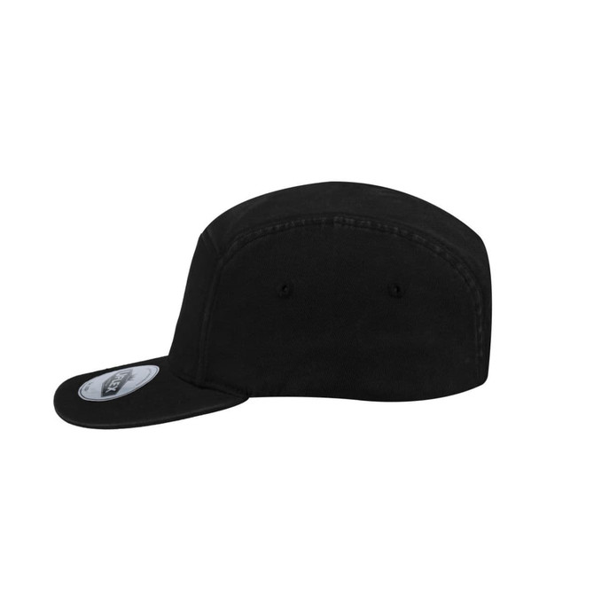 A black washed cotton 5 panel cap with a curved visor and ventilation holes, featuring a logo on the side.
