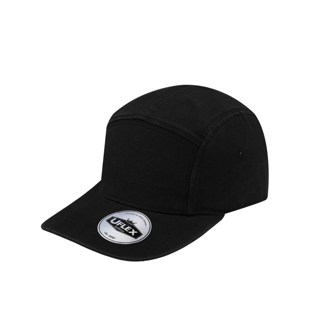 A black UFlex Washed Cotton 5 Panel Cap with a rounded top and a stiff brim. It features a logo.