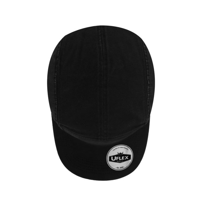 A black 5-panel cap made of washed cotton, featuring a branding logo on the front.