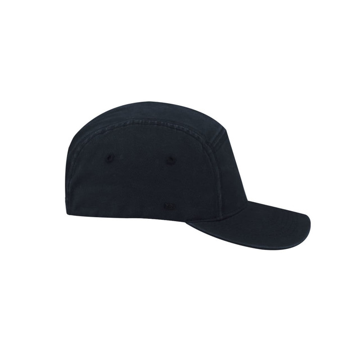 A black UFlex Ripstop 5 Panel Cap featuring a curved peak and ventilation eyelets, with a logo on the side.