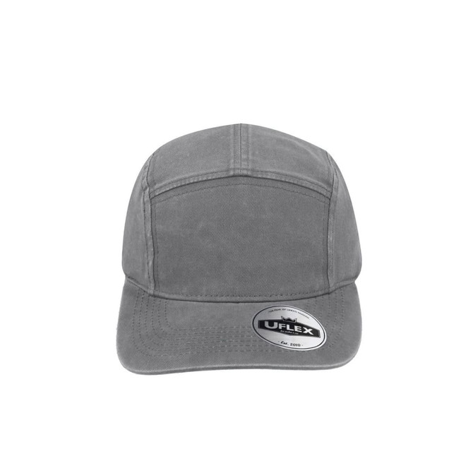 A grey UFlex Ripstop 5 Panel Cap featuring a structured crown and a curved brim, with a logo on the side.