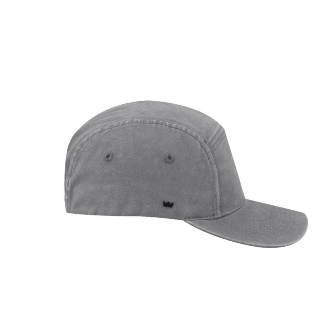 A grey UFlex Ripstop 5 Panel Cap featuring a logo, designed for headwear.