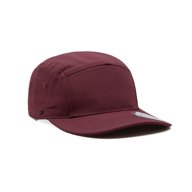 A maroon Ripstop 5 Panel Cap featuring a flat brim and an adjustable strap. It has a logo on the side.