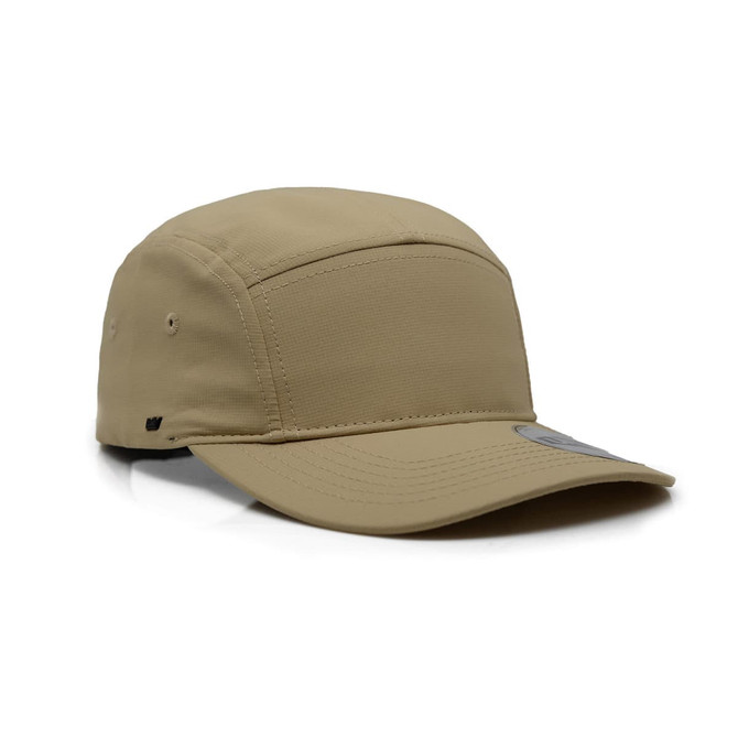 A tan Ripstop 5 Panel Cap featuring a structured front and a logo on the side.