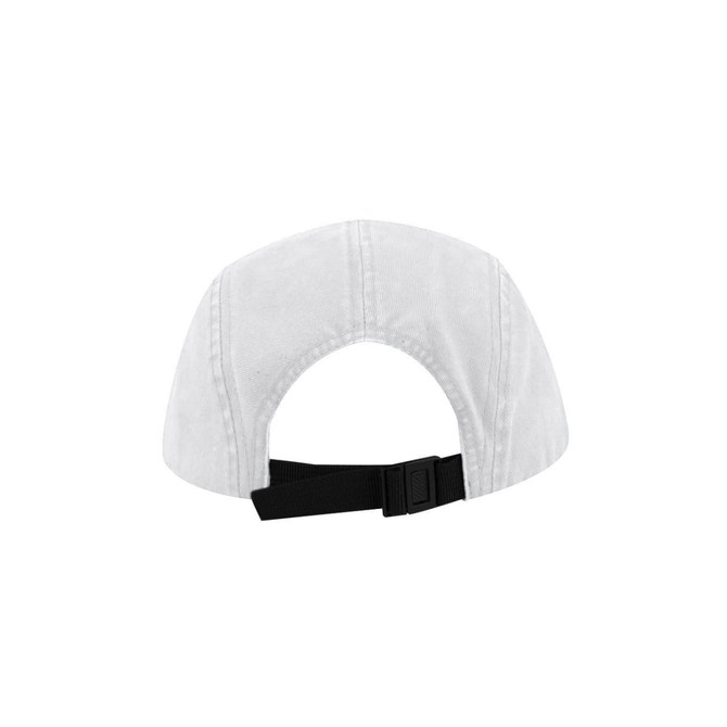 A white UFlex Ripstop 5 Panel Cap featuring a black adjustable strap and a logo on the back.