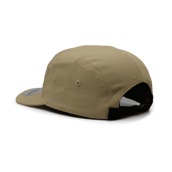 A tan Ripstop 5 Panel Cap with a black underside and a logo on the side.