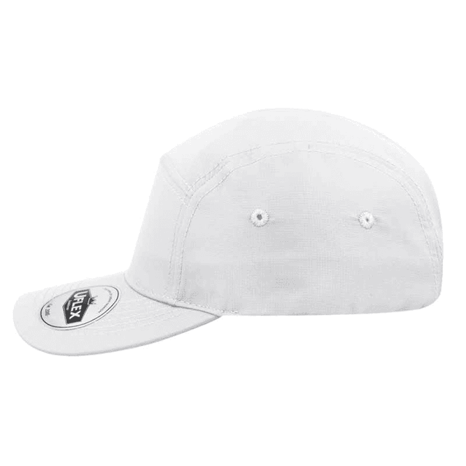 A white Ripstop 5 Panel Cap features a branded logo and a curved peak design.