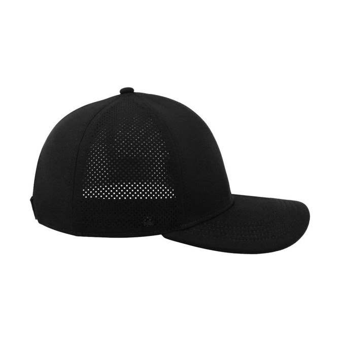 A black cap featuring mesh detailing on the back and a curved brim. It includes a branding logo.