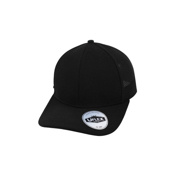 A black UFlex Sports Cap with a structured design and mesh panels for breathability. It features a logo on the front.