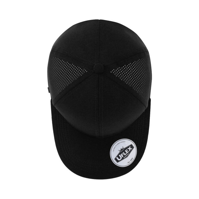 A black UFlex sports cap with a perforated design and a circular logo on the side.