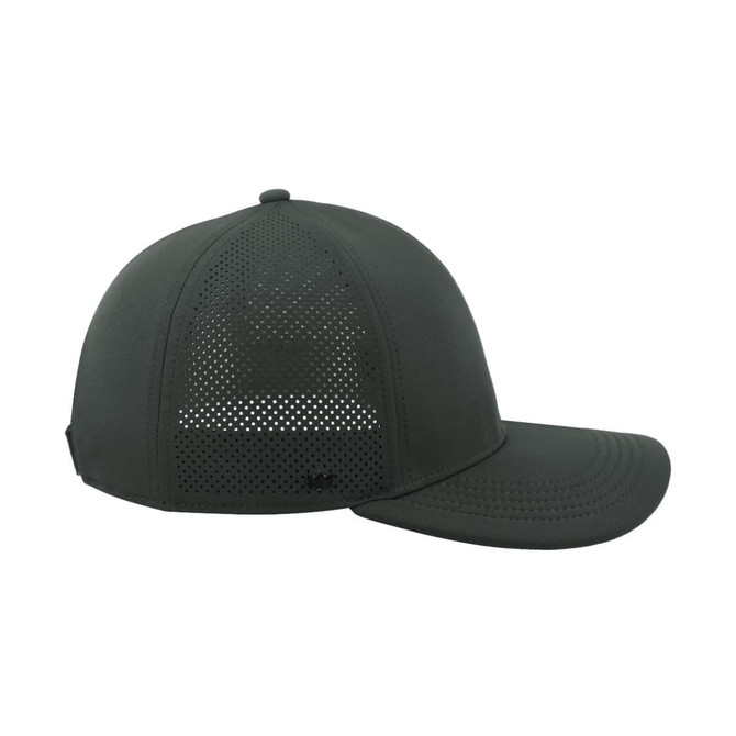 A dark green cap featuring mesh panels, designed for breathability and comfort, with a logo on the side.