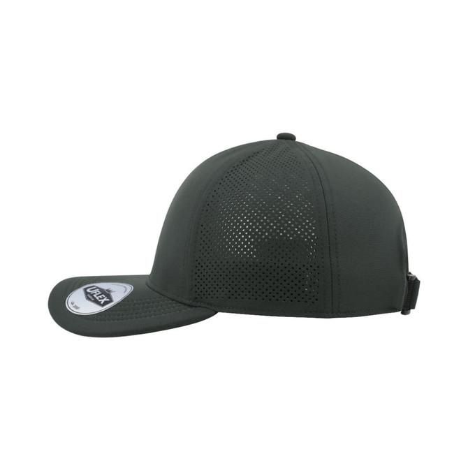 A dark grey sports cap with a structured front and perforated mesh design at the back. It features a logo on the side.