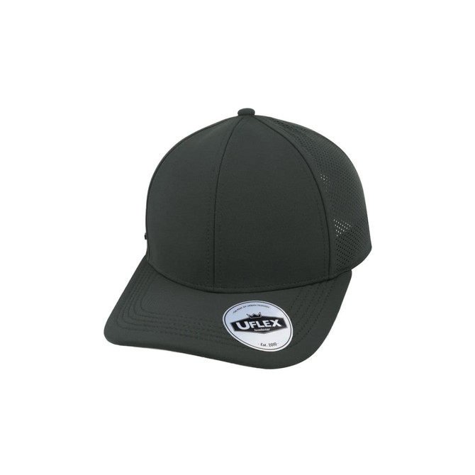 A dark grey sports cap with a structured brim and mesh panels, featuring a logo on the side.