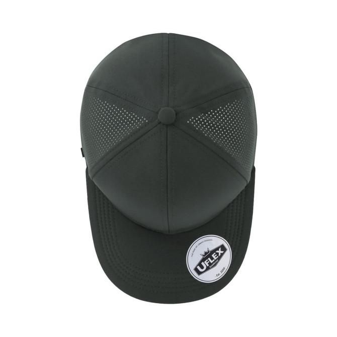 A dark green sports cap featuring a logo, with ventilation holes on the top for breathability.