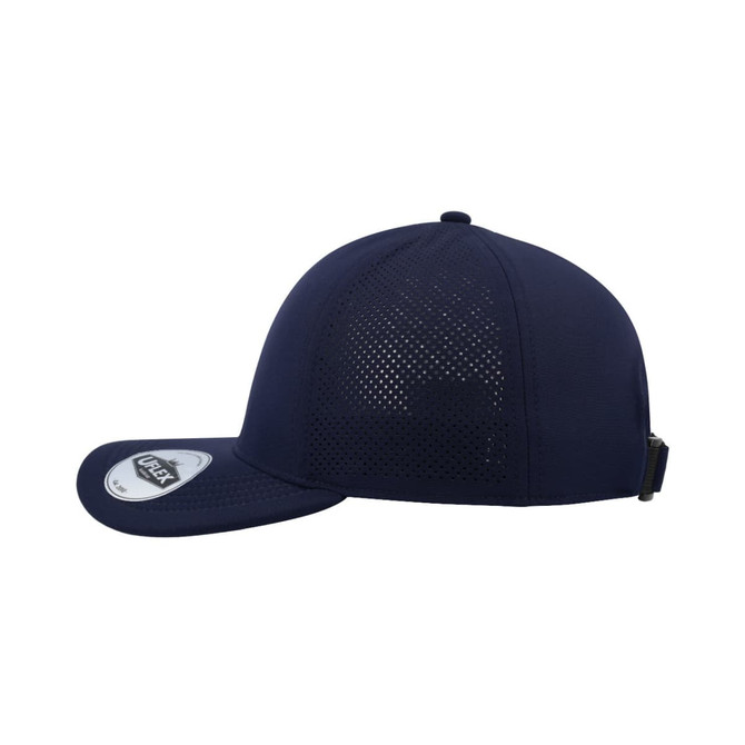 A navy blue UFlex Sports Cap with a ventilated mesh back and a flat brim. Features a branding logo.