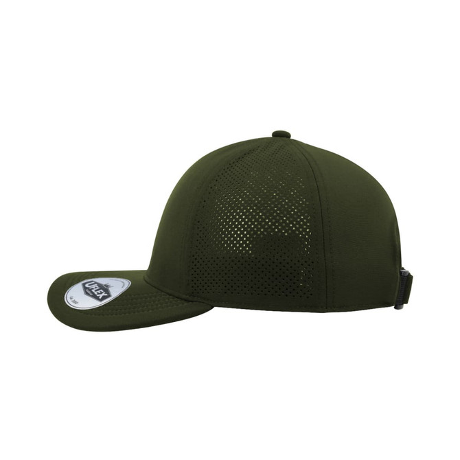 An olive green UFlex Sports Cap with a mesh design and a branded tag.