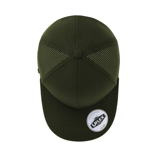 An olive green sports cap with perforated panels and a logo, featuring a curved brim and adjustable back.