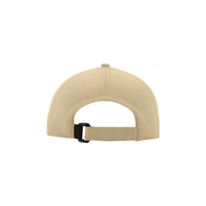 A beige sports cap featuring a back adjustable strap and a logo. The design is simple and versatile.