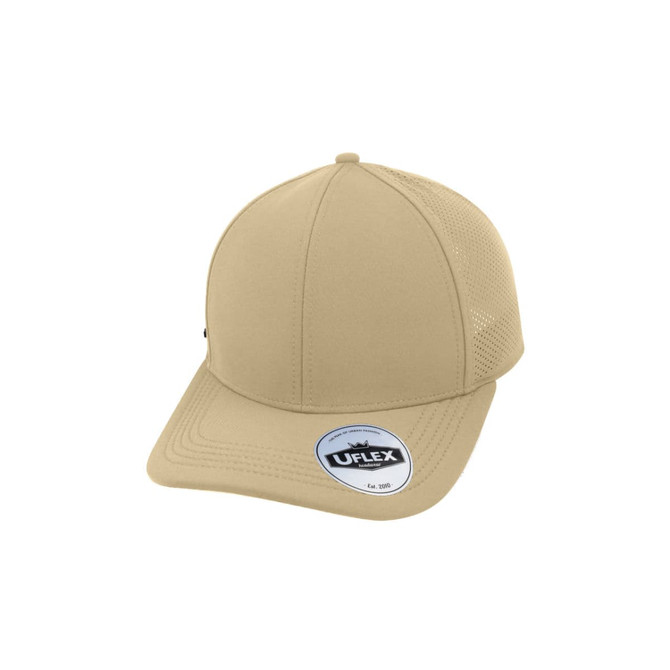 A beige sports cap with a structured design, featuring mesh panels and a logo on the side.
