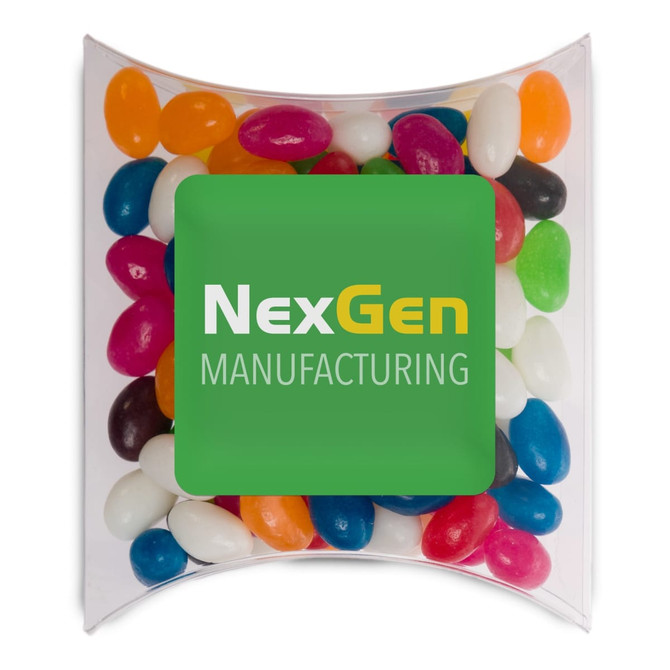 Assorted jelly beans in various colours, packaged in a clear pillow pack with a logo.
