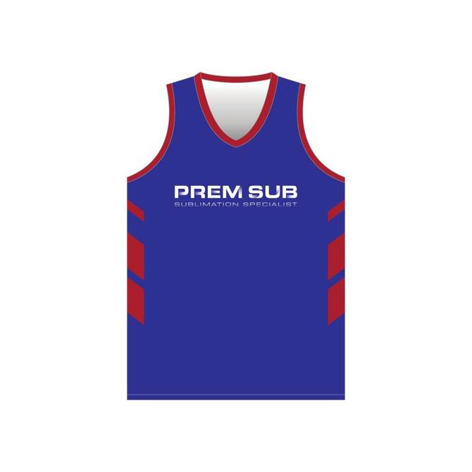 A sleeveless racerback singlet in blue with red accents and a logo on the front.