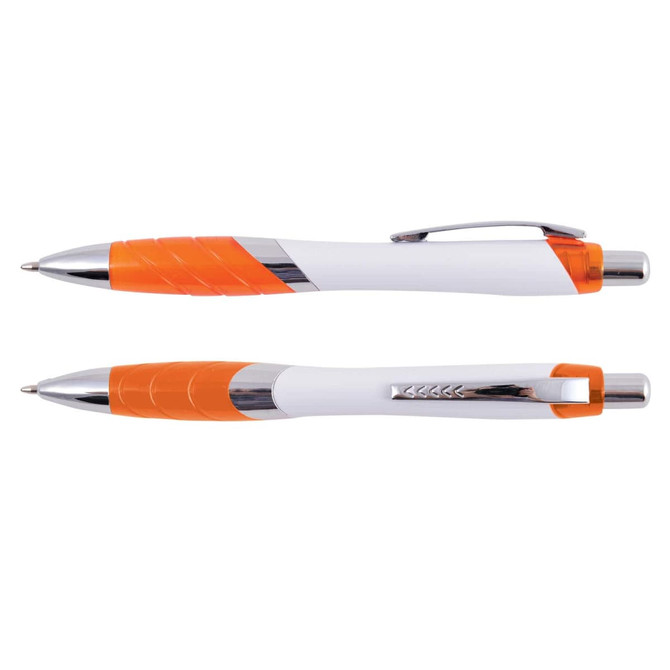 A pair of plastic pens with a white body and orange accents, featuring chrome details and a logo.