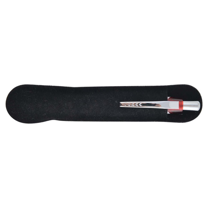 A plastic pen in a black case, featuring a silver barrel and red accents. The pen is elegantly designed for writing.