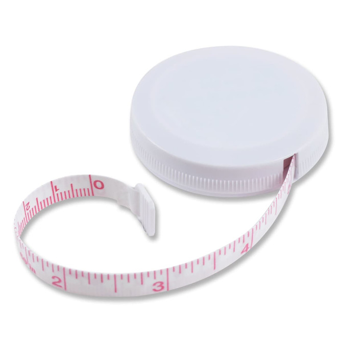 A white tape measure with a retractable pink measuring tape, featuring a round casing and a small branding logo.