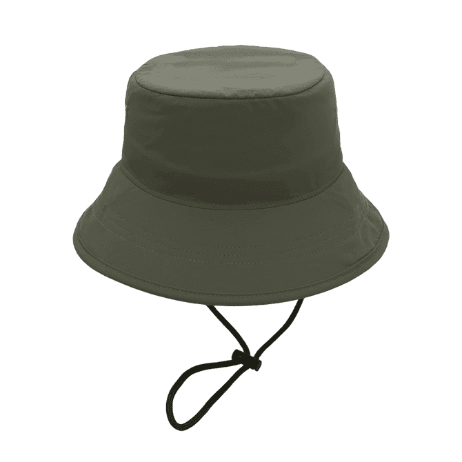 A green bucket hat with a wide brim and an adjustable chin strap. It features a logo on the side.