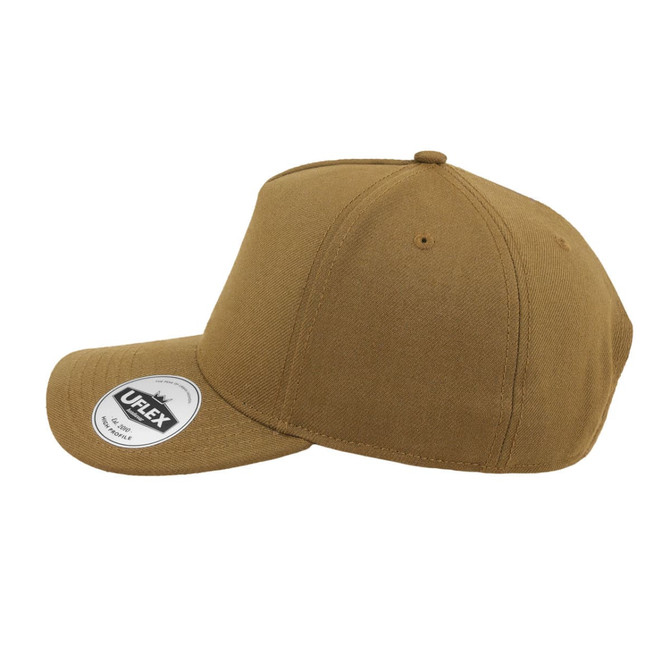 A high-profile, five-panel snapback cap in a brown colour with a logo on the side.