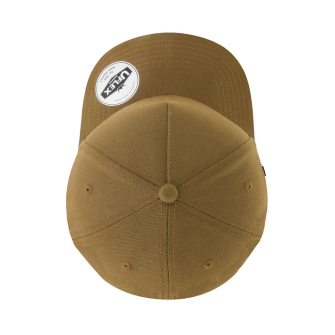A high-profile, brown trucker cap with a snapback closure, featuring a logo on the side.