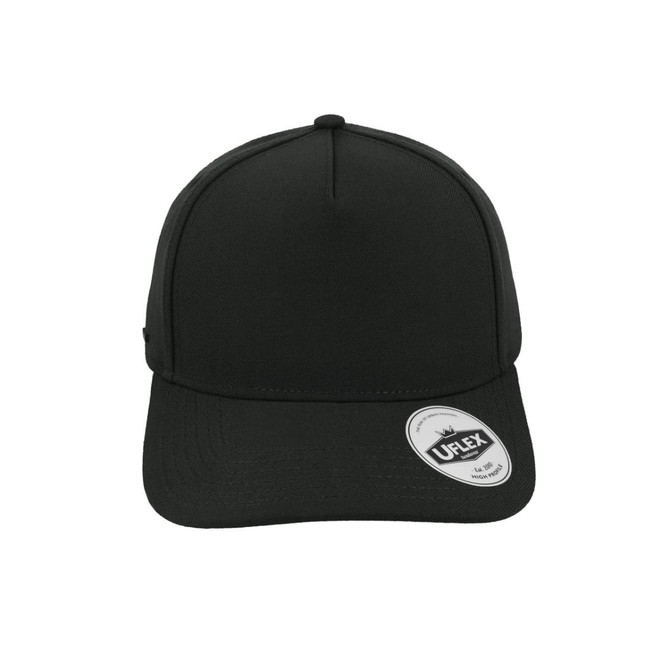 A black high-profile snapback cap with a curved brim and a logo on the side.