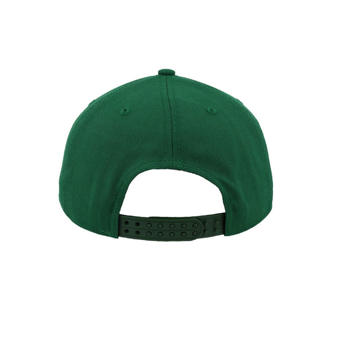 A green high profile 5 panel snapback hat with a adjustable strap at the back, featuring ventilation holes.