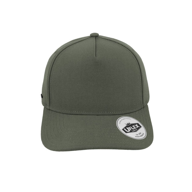 A green UFlex High Profile 5 Panel Snap Back cap with a simple design and an attached logo.