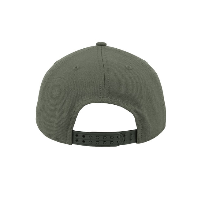 A green high profile 5 panel snapback cap with a rear adjustable strap and a logo.