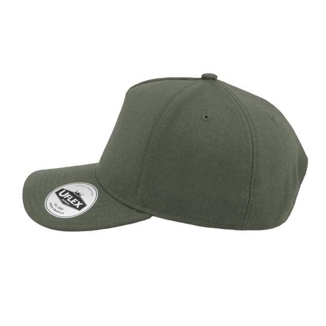 A green UFlex High Profile 5 Panel Snap Back cap with a curved brim and a branding logo on the side.