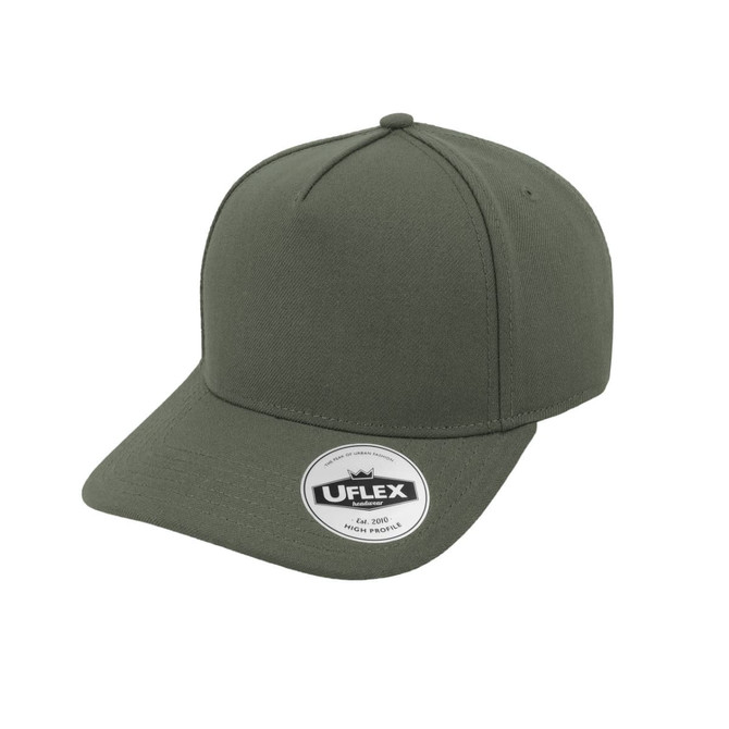 A green high-profile 5-panel snapback cap with a branded logo on the front.