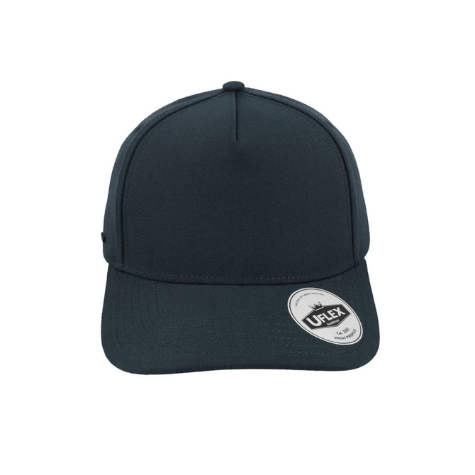 A dark navy trucker cap with a structured front panel and a branded tag on the side.