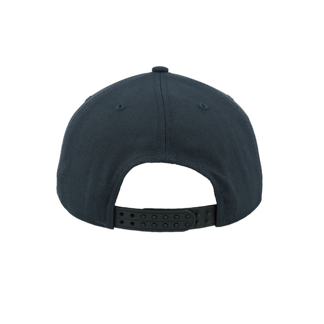 A high-profile, black trucker cap featuring a snapback closure and a logo on the rear.