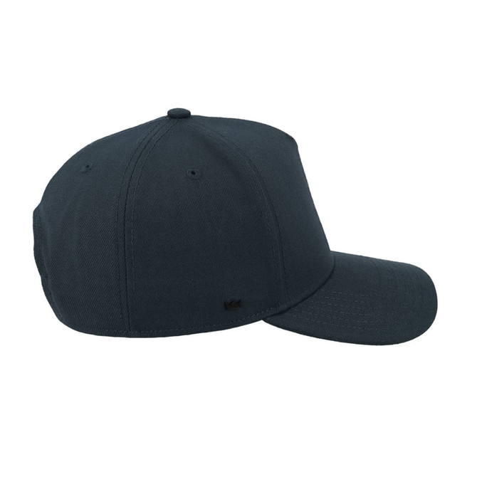 A navy blue high-profile 5-panel snapback cap with a subtle logo on the side.