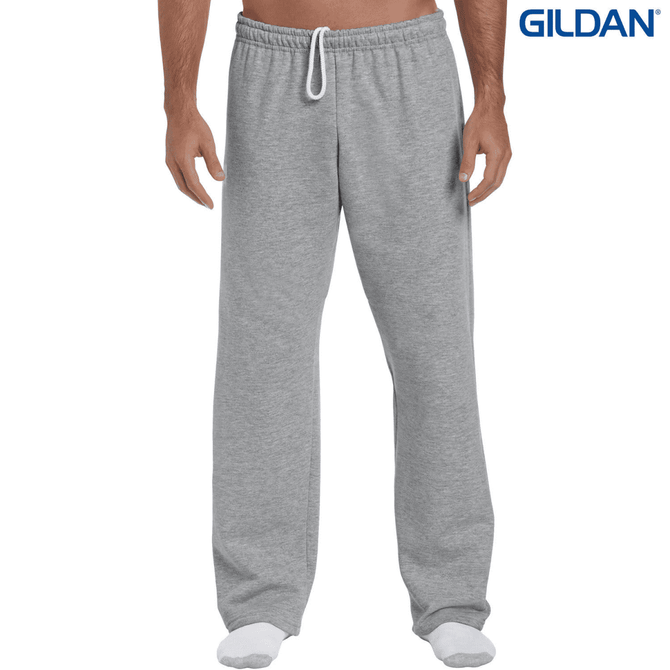 Grey open bottom sweatpants with an elastic waistband and drawstring, featuring a logo.